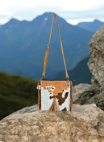 COWHIDE AND LEATHER TOOLED CARDS BAG