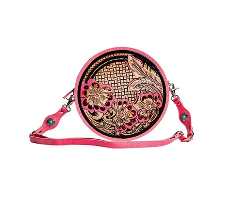 PINK LEATHER TOOLED ROUND BAG & MATCHING WALLET COMBO