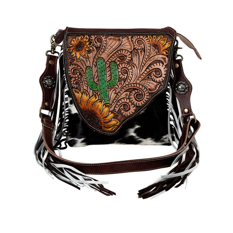 LEATHER TOOLED & COWHIDE BAG