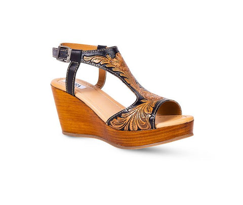 HAND TOOLED LEATHER WEDGE