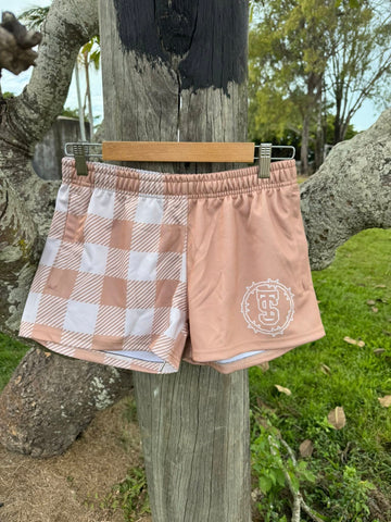 TAN GINGHAM FOOTY SHORTS
