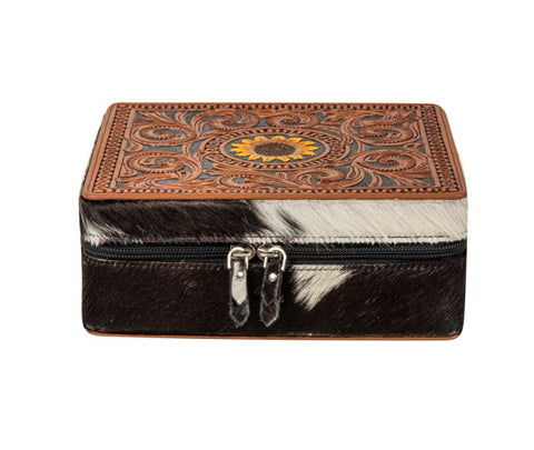 LARGE COWHIDE & LEATHER TOOKED JEWELLERY BOX