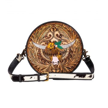 STEER HAND TOOLED LEATHER ROUND BAG