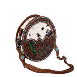 ROUND LEATHER TOOLED & COWHIDE BAG