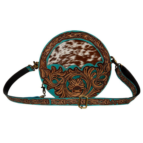 TEAL LEATHER ENGRAVED ROUND BAG