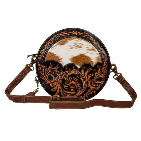COWHIDE AND TOOLED LEATHER ROUND BAG