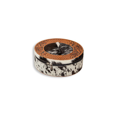 ROUND JEWELLERY BOX COWHIDE AND LEATHER