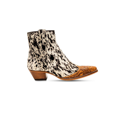 COWHIDE AND LEATHER HAND TOOLED BOOTS