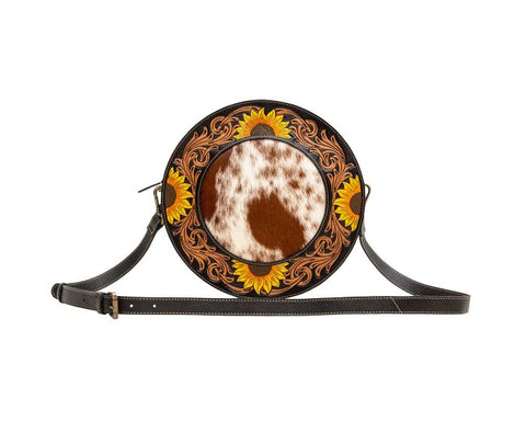COWHIDE & LEATHER SUNFLOWER ROUND BAG