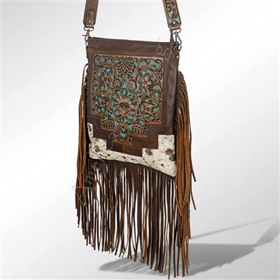 LEATHER WITH TEAL AND COWHIDE BAG
