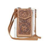 HAND TOOLED LEATHER & COWHIDE CROSS BODY PHONE BAG